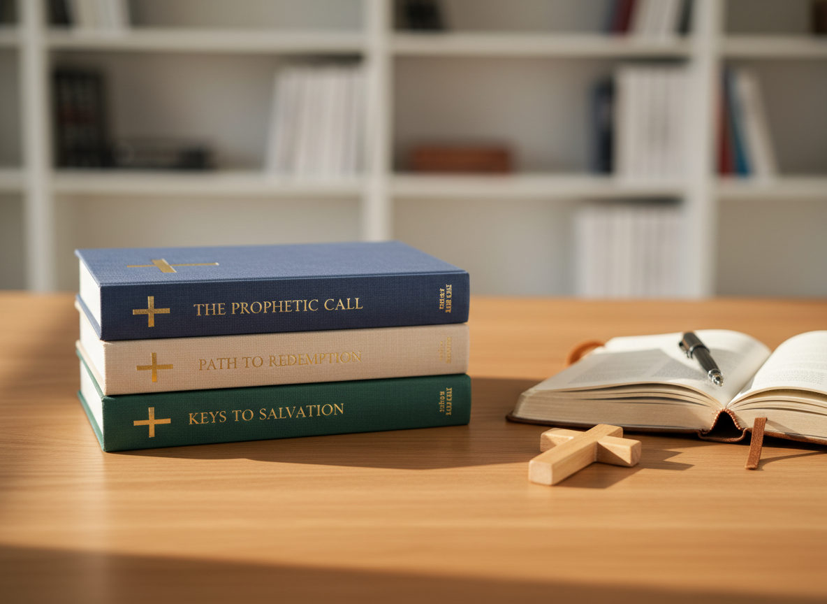 A neatly arranged stack of three hardback devotional books with linen-textured covers in soft navy, sand, and deep forest green, each embossed with subtle gold foil crosses and titles about prophecy, redemption, and salvation. The books rest on a smooth, warm oak tabletop beside an open leather journal and a simple wooden cross. Soft morning sunlight pours through an unseen window from the left, creating gentle highlights along the book spines and casting calm, elongated shadows. Shot at eye level with a shallow depth of field so the background fades into a creamy bokeh of blurred bookshelves. The mood is peaceful, reverent, and professional, with photographic realism and a clean, modern aesthetic suitable for a faith-based publishing brand homepage.