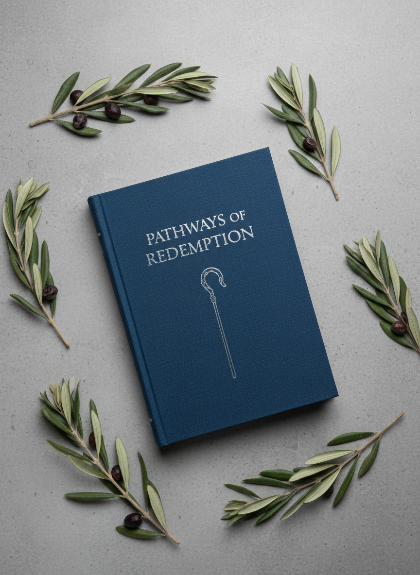 A close-up, photographic image of a single devotional book titled “Pathways of Redemption” with a textured, deep blue cloth cover, subtle silver-foil title, and an embossed shepherd’s staff symbol at the center. The book lies angled on a stone-gray background, surrounded by a simple arrangement of dried olive branches symbolizing peace and biblical heritage. Soft, diffused overhead studio lighting creates gentle shadows and a refined, professional look, highlighting the texture of the fabric and metallic lettering. Shot from a top-down, flat-lay perspective with generous negative space around the book for text overlay. The mood is calm, introspective, and modern, with clean lines and photographic realism ideal for a product feature or catalog section on Christian devotionals and spiritual growth resources.
