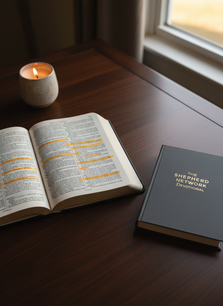 An open Bible with thin, slightly textured pages, featuring prominently highlighted passages about Jesus, salvation, and grace, lies centered on a dark walnut desk. Beside it, a single, elegantly designed devotional book with a matte charcoal cover and minimalist gold typography reads “The Shepherd Network Devotional.” A small ceramic candle holder with a softly glowing candle sits in the upper corner, its warm light blending with faint late-afternoon window light, creating a balanced, serene illumination. Captured from a slightly elevated angle, the composition follows the rule of thirds, keeping the open Scripture as the focal point. The atmosphere is contemplative and scholarly, with photographic realism, sharp detail in the text, and a subdued, professional color palette emphasizing spiritual depth and thoughtful study.